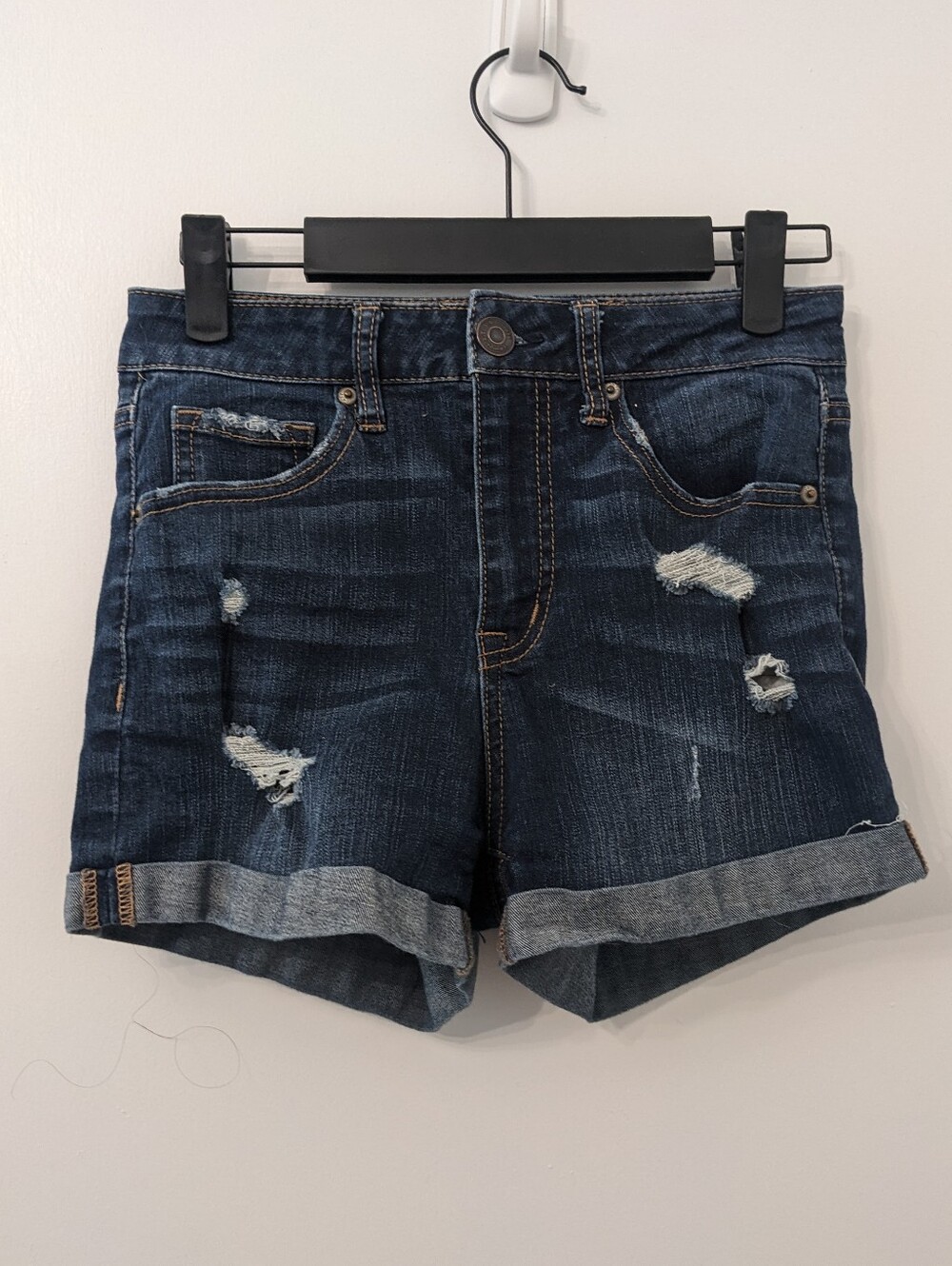 Aeropostale Dark Wash Denim Shorts | Distressed Super High Rise Midi in Size 0
